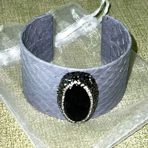 Grey Faux Skin Cuff Bracelet with Black Faceted Stone
